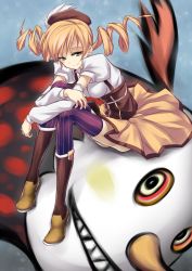 Rule 34 | 10s, 1girl, bad id, bad pixiv id, blonde hair, boots, charlotte (madoka magica), detached sleeves, drill hair, hat, highres, knee boots, long hair, mahou shoujo madoka magica, mahou shoujo madoka magica (anime), revision, skirt, takabow, teeth, thighhighs, tomoe mami, twin drills, twintails, yellow eyes, zettai ryouiki
