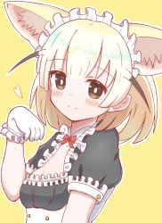 Rule 34 | 1girl, alternate costume, animal ear fluff, animal ears, black dress, blonde hair, blush, bow, brown eyes, closed mouth, commentary request, dress, enmaided, fennec (kemono friends), fox ears, frilled dress, frills, gloves, hand up, highres, kemono friends, maid, maid headdress, outline, puffy short sleeves, puffy sleeves, red bow, short sleeves, smile, solo, sunanuko (ramuneko), white gloves, white outline, yellow background