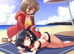 Rule 34 | 2girls, :d, absurdres, akazukin (mary skelter), alice (mary skelter), bare arms, bare legs, bare shoulders, beach, bikini, black bikini, black hair, blue sky, bow, breasts, cleavage, cloud, club (shape), commentary, commission, day, diamond (shape), dot nose, english commentary, feet out of frame, hair bow, hair ornament, hair over shoulder, hairclip, heart, highres, horizon, jacket, klaius, looking at viewer, lying, mary skelter, medium breasts, multiple girls, navel, ocean, on side, one eye closed, open mouth, outdoors, parasol, parted lips, red jacket, sand, sandals, sky, small breasts, smile, spade (shape), swimsuit, umbrella, white bow, wristband, x hair ornament, yellow bikini, yellow eyes
