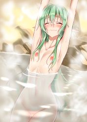 Rule 34 | 1girl, :3, armpits, arms up, bathing, blush, closed eyes, closed mouth, collarbone, commentary request, completely nude, elf, flat chest, goblin slayer!, green hair, groin, high elf archer (goblin slayer!), highres, long hair, nipples, nude, onsen, partially submerged, pointy ears, rock, sitting, smile, solo, steam, stretching, thigh gap, water, wet, yuto (dialique)