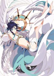 Rule 34 | 1boy, alternate costume, androgynous, armpits, arms behind head, arms up, bare shoulders, barefoot, black hair, blue hair, braid, capelet, chest tattoo, closed mouth, commentary, crop top, elbow gloves, feathered wings, flower, from side, genshin impact, gloves, gradient hair, green eyes, hair flower, hair ornament, highres, hood, hood down, hooded capelet, leg tattoo, looking at viewer, male focus, midriff, multicolored hair, naru9, short hair with long locks, shorts, simple background, single thighhigh, sleeveless, smile, solo, symbol-only commentary, tattoo, thighhighs, twin braids, venti (archon) (genshin impact), venti (genshin impact), white background, white flower, white shorts, white thighhighs, wings