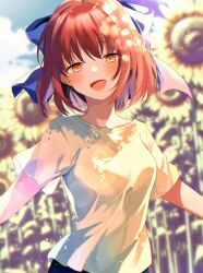 Rule 34 | 1girl, blue bow, blue sky, bow, cloud, commentary request, day, field, flower, flower field, hair bow, highres, kohaku (tsukihime), looking at viewer, open mouth, outdoors, red hair, rogobo (rgb 0127), shirt, short hair, short sleeves, sky, smile, solo, sunflower, sunlight, t-shirt, tsukihime, white shirt, yellow eyes, yellow flower