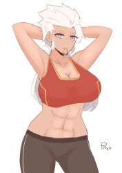 Rule 34 | 1girl, abs, absurdres, archer (fate), blue eyes, fate/stay night, fate (series), genderswap, genderswap (mtf), highres, midriff, muscular, muscular female, project ryo, sports bra, white hair