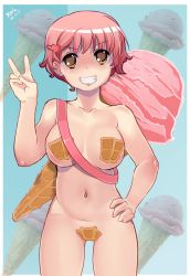 Rule 34 | 10s, 1girl, alternate hairstyle, artist name, bad deviantart id, bad id, belt, blush, breasts, brown eyes, convenient censoring, dated, food, grin, hair ornament, hairclip, hand on own hip, ice cream, ice cream cone, katawa shoujo, kola411, looking at viewer, mikado shiina, navel, nude, paid reward available, pasties, photo background, pink hair, short hair, smile, solo, standing, timestamp, v, waffle, waffle cone