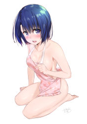 Rule 34 | 1girl, :d, alternate costume, apron, arm support, bare arms, bare legs, bare shoulders, barefoot, blue eyes, blue hair, blush, breasts, collarbone, from above, full body, heart, heart print, looking at viewer, medium breasts, murio, naked apron, open mouth, sairenji haruna, seiza, short hair, sideboob, simple background, sitting, smile, solo, thighs, to love-ru, toes, white background