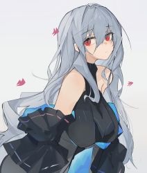 Rule 34 | 1girl, arknights, bare shoulders, black shirt, breasts, commentary, detached sleeves, grey background, grey hair, hair between eyes, highres, large breasts, leaning forward, long hair, looking at viewer, mikozin, red eyes, shirt, simple background, skadi (arknights), skadi (elite ii) (arknights), solo, upper body, very long hair, white background