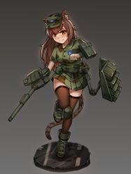 Rule 34 | 1girl, absurdres, adapted turret, animal ears, asymmetrical sleeves, black thighhighs, boots, breasts, brown eyes, brown hair, camouflage, camouflage jacket, camouflage skirt, cannon, chance8000, green footwear, highres, jacket, knee pads, long hair, m48 patton, machinery, mecha musume, medium breasts, military, military vehicle, miniskirt, motor vehicle, original, personification, pleated skirt, single knee pad, skirt, smile, solo, tail, tank, thighhighs, tiger ears, tiger girl, tiger tail, very long hair