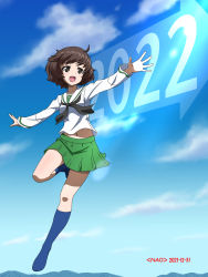 Rule 34 | 1girl, 2022, :d, akiyama yukari, arrow (symbol), artist name, black neckerchief, blouse, blue sky, blue socks, brown eyes, brown hair, cloud, cloudy sky, commentary request, dated, day, girls und panzer, green skirt, half-closed eyes, highres, jumping, leg up, long sleeves, looking to the side, messy hair, midriff peek, miniskirt, naotosi, navel, neckerchief, new year, ooarai school uniform, open mouth, outdoors, outstretched arms, partial commentary, pleated skirt, sailor collar, school uniform, serafuku, shirt, short hair, skirt, sky, smile, socks, solo, spread arms, white sailor collar, white shirt
