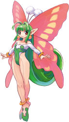 Rule 34 | 1girl, absurdly long hair, anklet, antenna hair, antennae, bare shoulders, blush, bracelet, breasts, butterfly wings, cleavage, crossed legs, earrings, fairy, flat chest, front-seamed legwear, full body, fur, green hair, highleg, highleg leotard, insect wings, jewelry, la pucelle, legs, leotard, long hair, mamelon, nippon ichi, off shoulder, official art, outstretched arms, pantyhose, pointy ears, red eyes, ryoji (nomura ryouji), seamed legwear, sidelocks, small breasts, smile, solo, spread arms, standing, tiptoes, very long hair, white background, wings