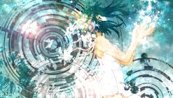 Rule 34 | 1girl, abstract background, asahi nora, bare arms, bare shoulders, black eyes, cowboy shot, dress, female focus, glowing, green hair, gumi, light particles, long hair, looking up, plant, potted plant, profile, sleeveless, sleeveless dress, solo, standing, sundress, vocaloid, white dress