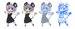 Rule 34 | 1girl, animal ears, black footwear, blush, capelet, commentary, cookie (touhou), flat color, full body, gram 9, grey hair, grey skirt, grey vest, hair between eyes, highres, how to, layered clothes, long sleeves, looking at viewer, mouse ears, mouse girl, mouse tail, nazrin, nyon (cookie), open mouth, outline, red eyes, shirt, shoes, short hair, simple background, sketch, skirt, skirt set, smile, socks, t-pose, tail, touhou, vest, white background, white capelet, white legwear, white shirt