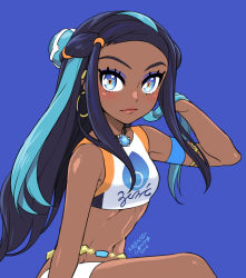 Rule 34 | 1girl, 2019, bare shoulders, bikini, black hair, blue background, blue eyes, blue hair, closed mouth, commentary, commentary request, cowboy shot, creatures (company), dark-skinned female, dark skin, earrings, forehead, game freak, gym leader, hair ornament, hand in own hair, hand up, highres, hoop earrings, jewelry, long hair, looking at viewer, mono land, multicolored hair, navel, necklace, nessa (pokemon), nintendo, pokemon, pokemon swsh, shiny skin, shirt, signature, simple background, sitting, solo, sportswear, swimsuit, tankini, two-tone hair, v-shaped eyebrows, white shirt