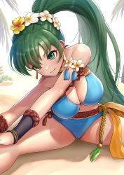 Rule 34 | 1girl, asymmetrical bangs, bare arms, bare legs, bare shoulders, beach, bikini, black wristband, blue bikini, blush, breasts, cleavage, cleavage cutout, closed mouth, clothing cutout, day, earrings, eyebrows hidden by hair, eyes visible through hair, fire emblem, fire emblem: the blazing blade, fire emblem heroes, flower, gonzarez, green eyes, green hair, hair flower, hair ornament, high ponytail, highres, jewelry, large breasts, lips, long hair, looking to the side, lyn (fire emblem), lyn (summer) (fire emblem), midriff, necklace, nintendo, official alternate costume, outdoors, palm tree, ponytail, sand, side-tie bikini bottom, smile, solo, spread legs, strapless, strapless bikini, stretching, sweat, swimsuit, tree, very long hair, white background, white flower, wristband, yellow flower