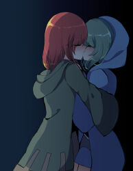 Rule 34 | 2others, androgynous, black shirt, blue coat, blue pants, closed eyes, coat, commentary request, gradient background, green coat, green hair, highres, hood, hood down, hood up, hooded coat, hug, incest, kiss, len&#039;en, long sleeves, medium hair, multiple others, other focus, ougi hina, pants, red hair, shirt, shitodo aoji, shitodo hooaka, simple background