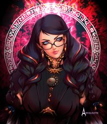 Rule 34 | 1girl, arvalileth, bayonetta, bayonetta (series), bayonetta 3, black hair, braid, clothing cutout, earrings, eyeshadow, glasses, gloves, highres, jewelry, lipstick, long hair, looking at viewer, makeup, mole, mole under mouth, multicolored hair, red hair, ribbon, simple background, smile, solo, streaked hair, twin braids, weapon
