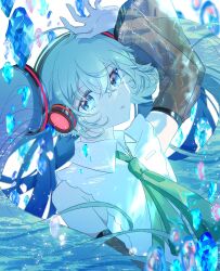 Rule 34 | 1girl, aqua eyes, aqua hair, chinese commentary, collared shirt, commentary request, gem, green necktie, grey shirt, hatsune miku, hatsune miku (nt), headphones, highres, looking at viewer, necktie, parted lips, piapro, see-through, see-through sleeves, shirt, sleeveless, sleeveless shirt, solo, sunfish3939, twintails, vocaloid, water, white background