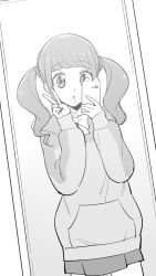 Rule 34 | 1girl, :o, bow, bowtie, cellphone, cowboy shot, dutch angle, female pov, full-length mirror, greyscale, healin&#039; good precure, highres, hiramitsu hinata, holding, holding phone, hood, hoodie, long hair, long sleeves, looking at mirror, mirror, monochrome, open mouth, phone, pov, precure, reflection, selfie, skirt, sleeves past wrists, smartphone, solo, twintails, ukokkei, v