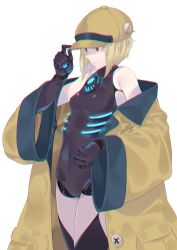 Rule 34 | 1girl, android, blonde hair, chromatic aberration, destiny (game), e draw paint, female focus, hat, highres, joints, mechanical legs, personification, plan c (destiny), red eyes, robot joints, short hair, simple background, solo, white background