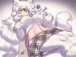 Rule 34 | 1girl, animal ears, arctic wolf (kemono friends), blush, bow, breasts, curvy, fang, gloves, hair between eyes, highres, kemono friends, kemono friends 3, large breasts, long hair, looking at viewer, midriff, mo23, multicolored hair, navel, pantyhose, paw pose, plaid, plaid skirt, plaid trim, skirt, snowman, tail, toned female, white hair, wolf ears, wolf girl, wolf tail, yellow eyes