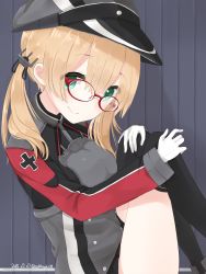 Rule 34 | 10s, 1girl, anchor hair ornament, bespectacled, blonde hair, blue eyes, blush, breasts, glasses, gloves, hair ornament, hat, highres, kantai collection, long hair, looking at viewer, medium breasts, microskirt, military, military uniform, peaked cap, prinz eugen (kancolle), red-framed eyewear, skirt, smile, solo, striped, striped background, thighhighs, twintails, uniform, white gloves, yukichi (sukiyaki39)