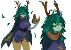 Rule 34 | 1girl, absurdres, adventure time, breasts, falling leaves, happy, highres, horns, huntress wizard, large breasts, leaf, leaves, leaves on hair, monster girl, plant girl, smile, solo, tagme, thick thighs, thighs, white background