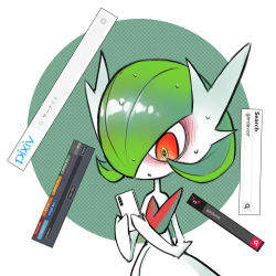 Rule 34 | cellphone, commentary request, creatures (company), danbooru (site), dmt (auburn), english text, exhentai, game freak, gardevoir, gen 3 pokemon, google, halftone, holding, holding phone, nhentai, nintendo, phone, pixiv, pokemon, pokemon (creature), search bar, simple background, smartphone, solo, sweat, wide-eyed, wide hips
