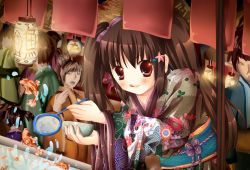 Rule 34 | 1girl, bad id, bad pixiv id, brown hair, festival, fish, hair ornament, hairclip, highres, japanese clothes, kimono, long hair, melontoyo, original, red eyes, solo, twintails