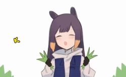 Rule 34 | 1girl, :d, :o, alternate costume, animated, arm up, black gloves, blush, bokujou monogatari, daiishori, closed eyes, fang, gloves, grass, hololive, hololive english, long hair, long sleeves, looping animation, ninomae ina&#039;nis, open mouth, purple hair, simple background, smile, solo, tentacle hair, upper body, video, virtual youtuber, white background