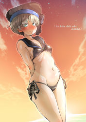 Rule 34 | 1girl, anchor, arms behind back, bikini, black bikini, black hat, blue eyes, blush, breasts, closed mouth, collarbone, commentary request, cosplay, german text, hat, highres, kantai collection, konoshige (ryuun), long hair, navel, platinum blonde hair, ranguage, sailor bikini, sailor collar, sailor hat, short hair, side-tie bikini bottom, small breasts, smile, solo, standing, sunset, swimsuit, translated, typo, z1 leberecht maass (kancolle), z3 max schultz (kancolle), z3 max schultz (kancolle) (cosplay)