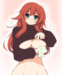 Rule 34 | 1girl, aty, aty (summon night), blue eyes, bottomless, breasts, brown hair, clothes lift, groin, hoppege, large breasts, lifting own clothes, long hair, out-of-frame censoring, shirt lift, solo, summon night, summon night 3, sweater, sweater lift, turtleneck, underboob, wiping