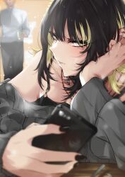 Rule 34 | 1boy, 1girl, absurdres, black hair, blonde hair, blurry, chain necklace, cup, depth of field, fingernails, hand on own cheek, hand on own face, head rest, highres, holding, holding cup, holding phone, idolmaster, idolmaster shiny colors, ikaruga luca, jewelry, looking away, multicolored hair, nail polish, necklace, phone, producer (idolmaster), shirt, solo focus, streaked hair, striped clothes, striped shirt, vertical-striped clothes, vertical-striped shirt, yellow eyes, yt (63641217)