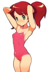 Rule 34 | 1girl, armpits, breasts, female focus, genvoke, green eyes, highres, one-piece swimsuit, red hair, saru getchu, sayaka (saru getchu), simple background, solo, swimsuit, twintails, white background