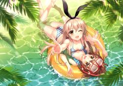 Rule 34 | 2girls, absurdres, an2a, ass, bare arms, bare legs, bare shoulders, barefoot, bikini, blonde hair, blush, bow, breasts, brown eyes, character request, cleavage, collarbone, diving mask, diving mask on head, goggles, goggles on head, hair bow, highres, innertube, kantai collection, long hair, looking at viewer, looking up, lying, medium breasts, multiple girls, on back, one eye closed, open mouth, partially submerged, polka dot, polka dot bikini, scan, shimakaze (kancolle), shiny skin, smile, snorkel, striped bikini, striped clothes, swim ring, swimsuit, v, water