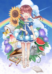 Rule 34 | 1girl, ^ ^, bad id, bad pixiv id, bow, bug, butterfly, child, closed eyes, cloud, crayon, day, female focus, flower, food, fruit, full body, hair bow, insect, legs, original, outdoors, rainbow, sandals, sky, smile, solo, standing, sunflower, twintails, wasabi (sekai), watering can, watermelon, white footwear
