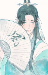 Rule 34 | 1boy, aqua robe, black hair, blue eyes, chinese clothes, chinese text, commentary, earrings, english commentary, eyeliner, facial mark, folding fan, forehead mark, hair ornament, hand fan, hanfu, highres, holding, holding fan, jewelry, kkcoocool, layered clothes, long hair, long sleeves, looking down, makeup, male focus, paper fan, parted lips, red eyeliner, shi qingxuan, simple background, solo, tassel, tassel earrings, tianguan cifu, upper body, white background, wide sleeves, xiao guan (headdress)