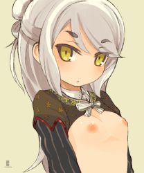 Rule 34 | 1girl, arms at sides, eyes visible through hair, flat chest, framed breasts, grey hair, inverted nipples, long hair, mota, nipples, original, shrug (clothing), simple background, solo, thick eyebrows, yellow eyes