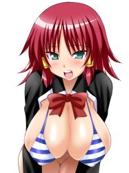 Rule 34 | 1girl, bikini, bikini top only, blush, breasts, cleavage, covered erect nipples, green eyes, hair tubes, hanging breasts, konno tohiro, large breasts, leaning forward, looking at viewer, no panties, open mouth, quiz magic academy, red hair, ruquia, school uniform, short hair, simple background, solo, striped bikini, striped clothes, swimsuit, white background