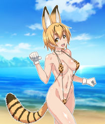 Rule 34 | 10s, 1girl, :d, animal ears, beach, blonde hair, blurry, blush, breasts, brown eyes, circle echime, cloud, collarbone, cowboy shot, day, depth of field, female pubic hair, from side, gloves, groin, hair between eyes, head tilt, highres, kemono friends, medium breasts, navel, open mouth, outdoors, outline, paw pose, pubic hair, serval (kemono friends), serval print, serval tail, sky, slingshot swimsuit, smile, solo, striped tail, swimsuit, tail, water, white gloves