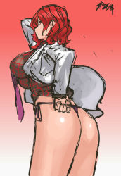 Rule 34 | 1girl, ass, breasts, from behind, highres, horikawa raiko, impossible clothes, impossible shirt, lab coat, large breasts, looking back, nameo (judgemasterkou), necktie, no pants, panties, plaid, plaid shirt, red eyes, red hair, shirt, short hair, side-tie panties, smile, solo, thong, touhou, underwear