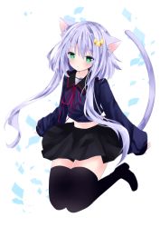 Rule 34 | 1girl, animal ears, black footwear, black sailor collar, black skirt, black thighhighs, blue shirt, blush, boots, cat ears, cat girl, cat tail, closed mouth, crescent, crescent hair ornament, full body, green eyes, hair between eyes, hair ornament, kantai collection, kemonomimi mode, long hair, long sleeves, looking at viewer, nanase nao, pleated skirt, purple hair, sailor collar, school uniform, serafuku, shirt, short hair with long locks, skirt, sleeves past wrists, solo, tail, tail raised, thigh boots, thighhighs, very long hair, yayoi (kancolle)