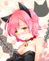 Rule 34 | 1girl, alternate costume, animal ears, animal hands, artist request, bare shoulders, bell, blush, bow, breasts, bustier, cat ears, cleavage, collar, collarbone, fur, fur trim, gloves, kumatora, large breasts, looking at viewer, mother (game), mother 3, nintendo, open mouth, paw gloves, paw print, pink hair, short hair, yellow eyes