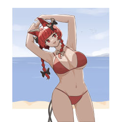 Rule 34 | 1girl, animal ears, armpits, arms up, beach, bikini, black bow, bow, braid, breasts, cat ears, cat tail, day, extra ears, hair bow, highres, kaenbyou rin, large breasts, long hair, mata (matasoup), multiple tails, navel, nekomata, ocean, outdoors, red bikini, red eyes, red hair, smile, solo, swimsuit, tail, thick thighs, thighs, touhou, twin braids, wide hips