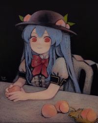 Rule 34 | arms on table, artist name, black background, black headwear, blouse, blue hair, bow, buttons, chair, collared shirt, commentary, english commentary, fine art parody, food, frills, fruit, hat, highres, hinanawi tenshi, holding, holding food, holding fruit, leaf, long hair, looking at viewer, mixed-language commentary, neck ribbon, no pupils, painting (medium), parody, pastel (medium), peach, puffy short sleeves, puffy sleeves, red bow, red eyes, ribbon, russian commentary, shirt, short sleeves, sitting, svveetberry, table, touhou, traditional media, watercolor pencil (medium), white shirt