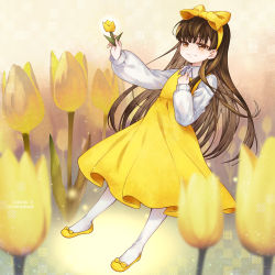 Rule 34 | 1girl, arm up, blackcat (blackcatbox), boutonniere, bow, brown eyes, brown hair, devotion, dress, du meishin, flower, hair bow, hand on own chest, highres, long hair, pantyhose, pinafore dress, ribbon, shirt, shoes, sleeveless dress, solo, white pantyhose, white shirt, yellow dress, yellow footwear