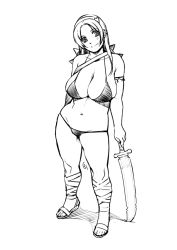 Rule 34 | 1girl, breasts, character request, ganto, large breasts, monochrome, plump, simple background, sword, tagme, weapon