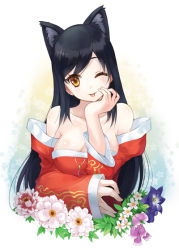 Rule 34 | 1girl, :p, ahri (league of legends), animal ears, bare shoulders, black hair, blush, breasts, cleavage, detached sleeves, flower, fox ears, large breasts, league of legends, long hair, lono (parkarar), one eye closed, solo, tongue, tongue out, upper body, wink, yellow eyes