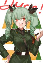 Rule 34 | 1girl, :d, anchovy (girls und panzer), commentary request, fang, girls und panzer, green hair, hair ribbon, hand on own hip, highres, kippu, long hair, long sleeves, military, military uniform, open mouth, red eyes, ribbon, smile, solo, twintails, uniform, upper body, white background