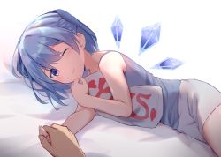 Rule 34 | 1girl, ;), alternate costume, bare arms, bare shoulders, bed sheet, blue eyes, blue hair, blue shirt, blush, cirno, commentary request, cowboy shot, holding, holding hands, holding pillow, ice, ice wings, imoutochiru, looking at viewer, lying, on side, one eye closed, pillow, pov, shirt, short hair, short shorts, shorts, simple background, sleeveless, sleeveless shirt, smile, solo focus, touhou, white background, white shorts, wings, yes, yes-no pillow
