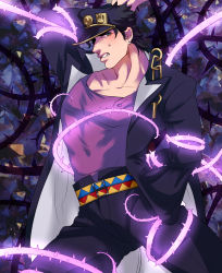 Rule 34 | 1boy, arm behind back, arm up, bad id, bad pixiv id, black hair, blue eyes, blush, bound, clenched teeth, hermit purple, jojo no kimyou na bouken, kuujou joutarou, less end, male focus, plant, restrained, solo, spikes, stand (jojo), sweat, teeth, tied up, vines