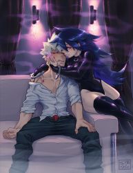 Rule 34 | 1boy, 1girl, age difference, bakugou katsuki, blue hair, blush, boku no hero academia, couch, cuffs, denim, erection, eyeshadow, handcuffs, highres, jeans, leotard, makeup, mature female, midnight (boku no hero academia), mole, muffin top, muscular, muscular male, nail polish, pants, pectorals, red nails, short, smoke, syb, teacher, teacher and student, thick thighs, thighhighs, thighs, undressing, white hair